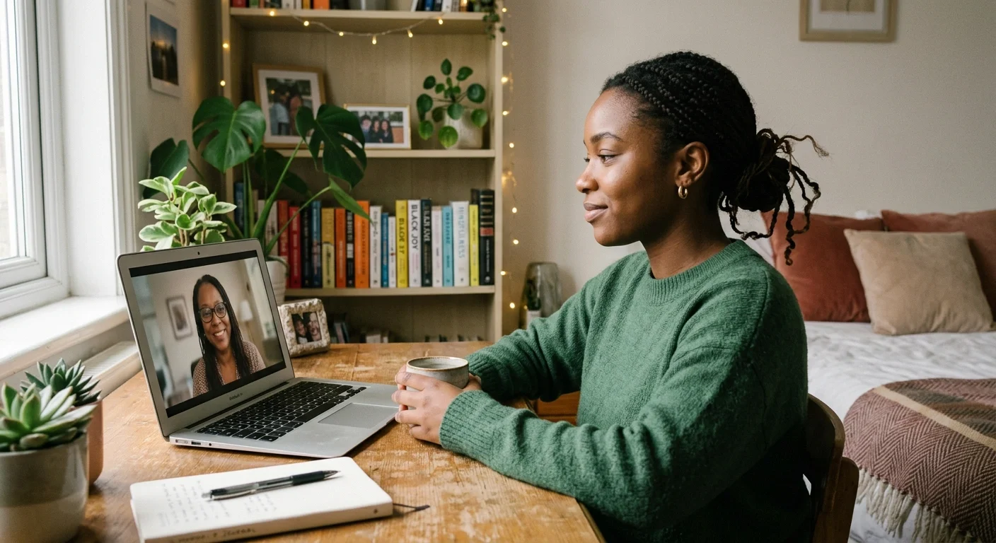 Black teen attending virtual therapy session from home feeling safe, supported, and emotionally grounded