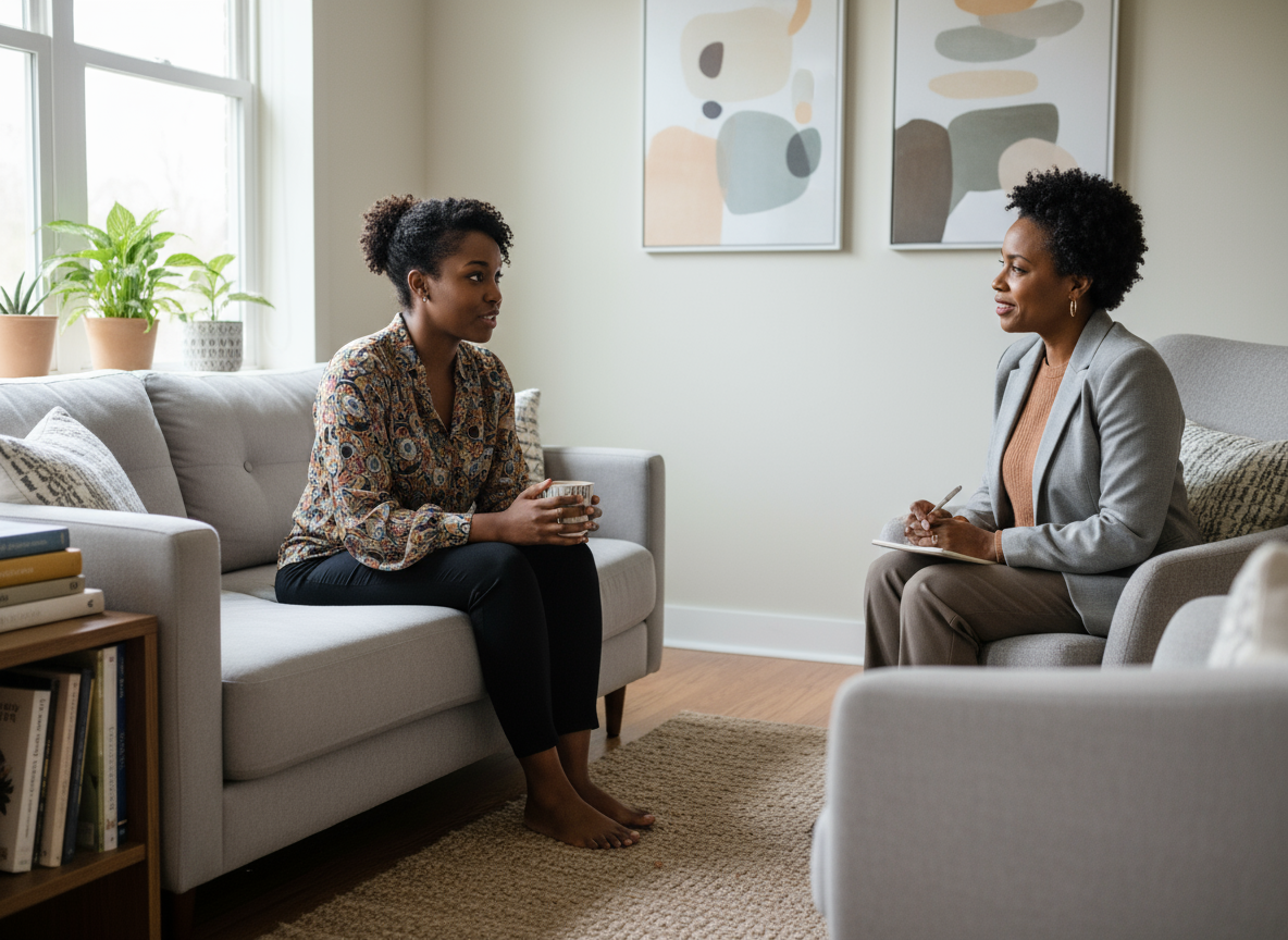 A woman in a floral blouse talks with a woman in a gray blazer during a therapy session in a cozy living room.