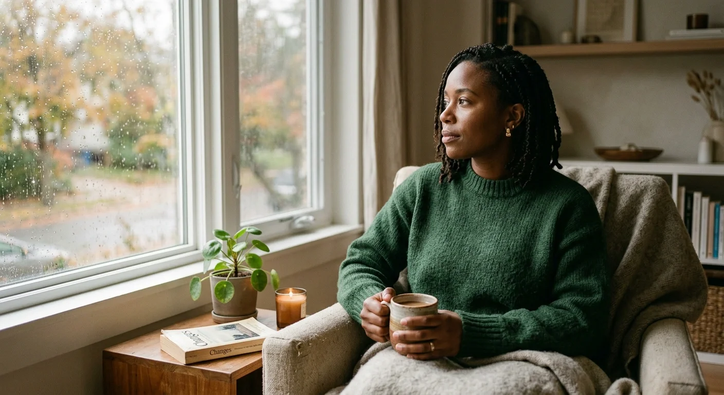 Black woman sitting thoughtfully by a window, reflecting on life changes during pregnancy or postpartum transition