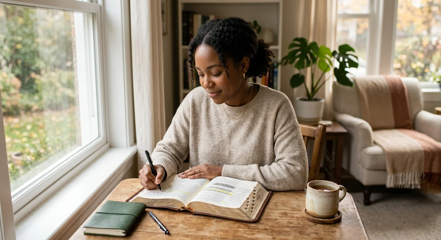 Black woman writing in an open Bible during a quiet devotional moment, reflecting faith, healing, and personal growth