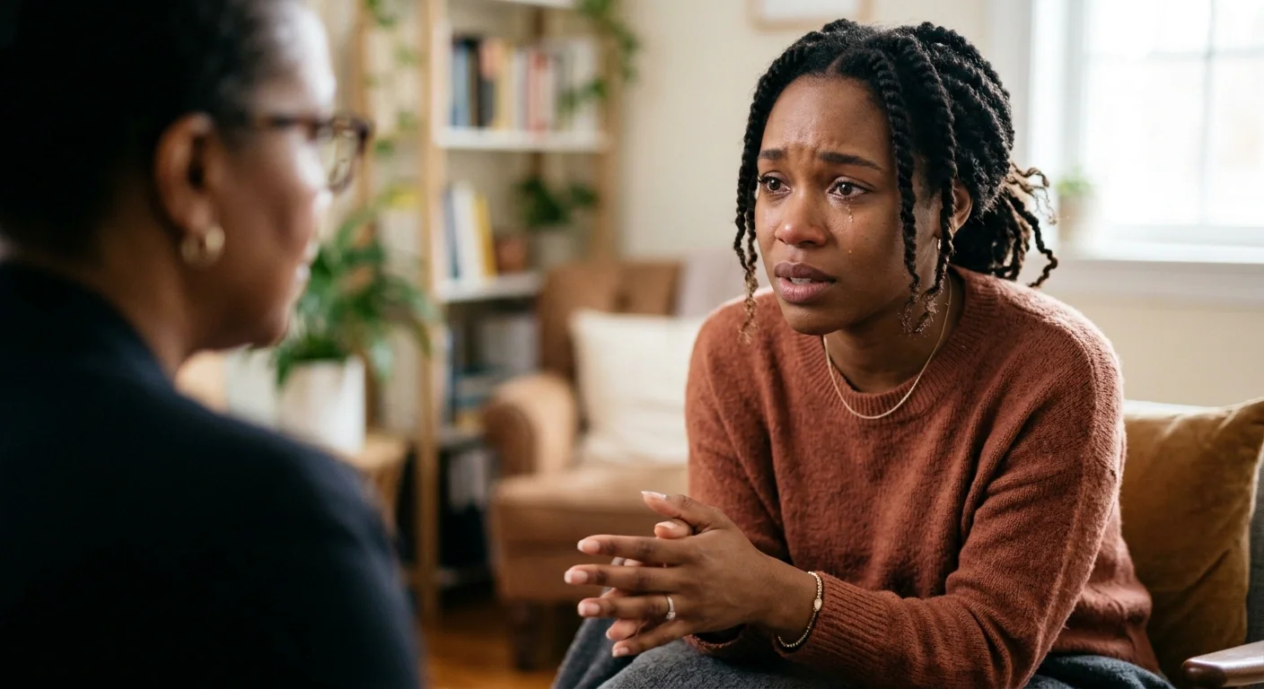 Black woman opening up during a therapy session while being listened to with care and empathy
