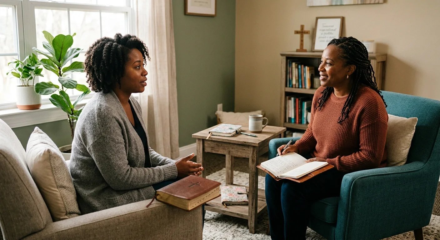 Black female therapist providing faith-based counseling to a woman client in a calm and supportive therapy setting