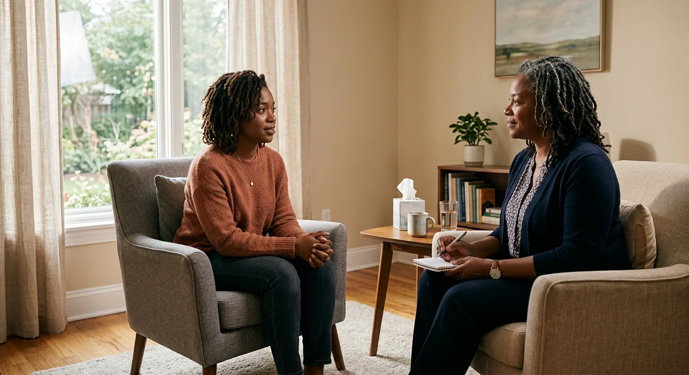 Black woman in a therapy session for anxiety with a Black female therapist in a calm and supportive setting