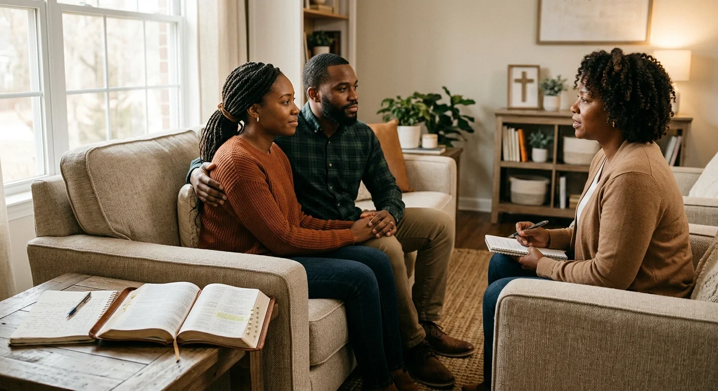 Black couple in a Christian counseling session with a Bible and journal, reflecting faith-based support for their relationship