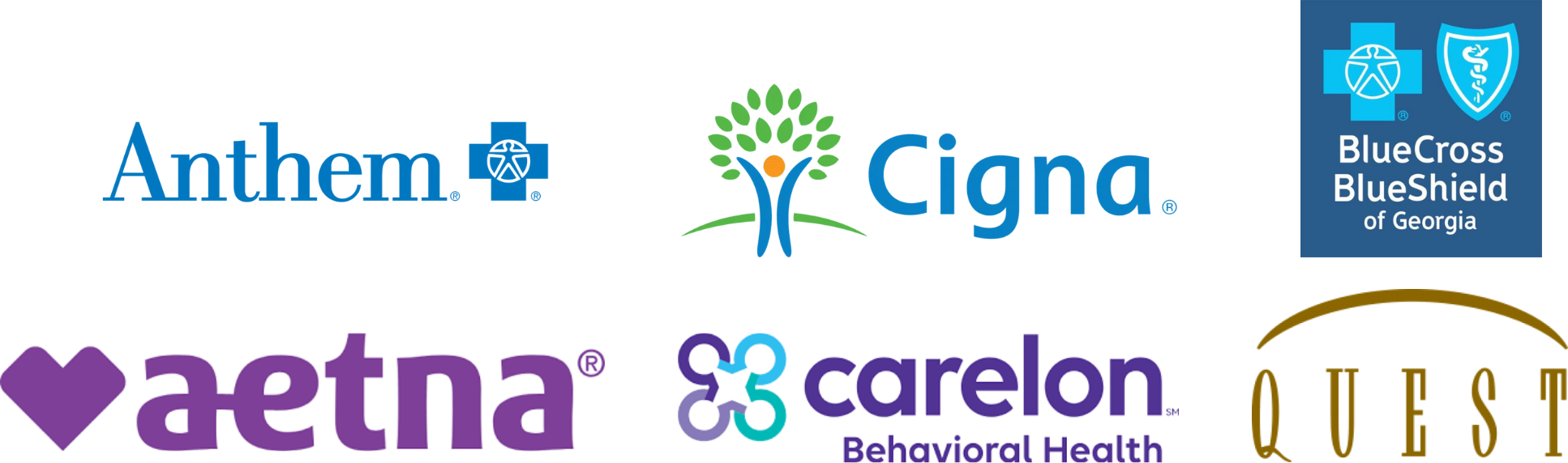 Colorful graphic logo featuring the words 'Anthem' and 'Aetna' with graphics of a tree and a heart, along with the BlueCross BlueShield of Georgia logo and the Aetna 'CVS Caremark' symbol.