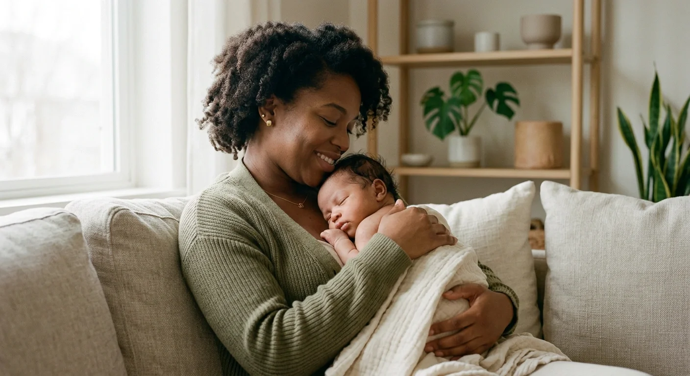 Solo Black mother holding her newborn baby at home, showing connection, strength, and solo parenting support during postpartum