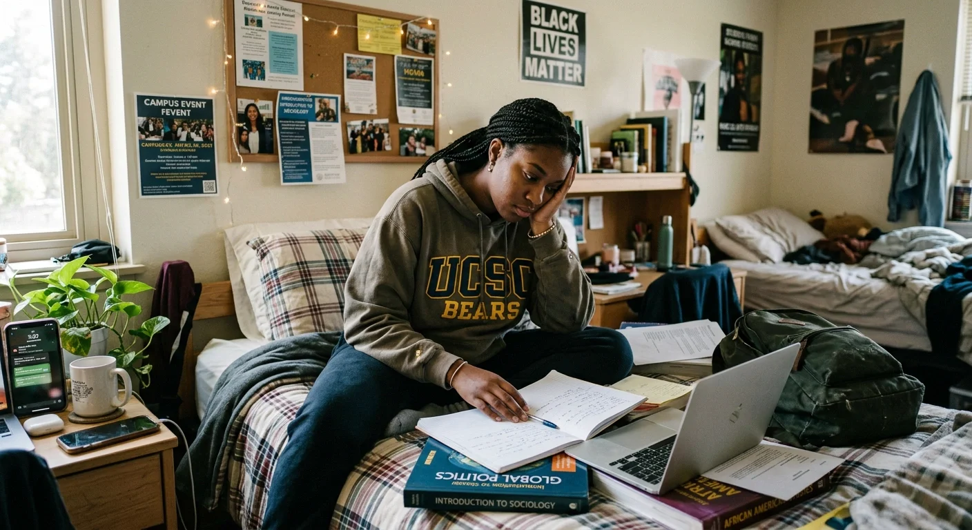 Black young adult working on laptop at home feeling overwhelmed balancing work, school, and life transitions