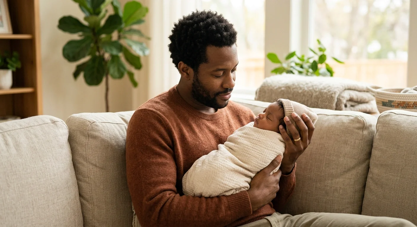 Parent holding a newborn baby in a calm home setting, representing inclusive postpartum support and community care for all families