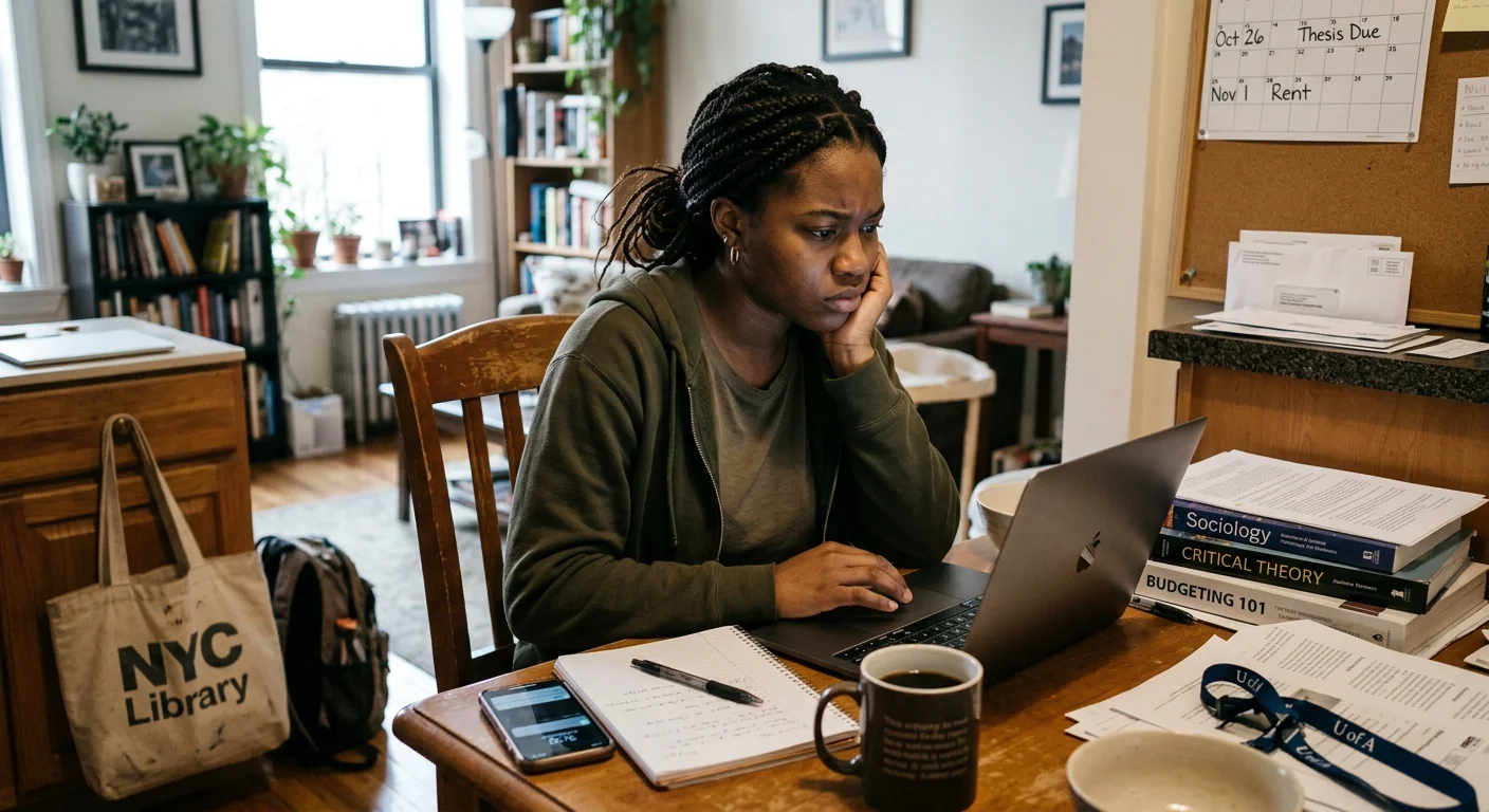Black college student sitting in dorm room feeling overwhelmed adjusting to independence, school, and life changes
