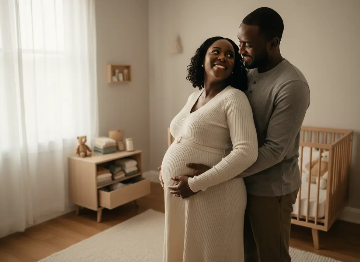 A pregnant woman and a man are standing in a bedroom, smiling and looking at each other, with the man hugging the woman from behind and touching her belly.