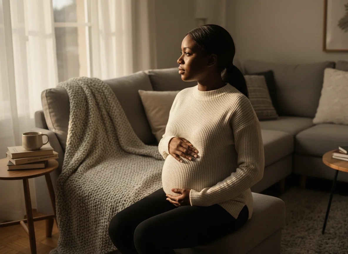 A pregnant woman sitting on an ottoman in a living room, with her hands on her belly and chest, looking out a window in soft natural light.