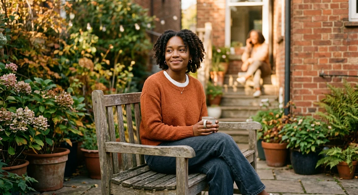 Black young adult looking calm and confident reflecting emotional growth, self-awareness, and improved mental well-being