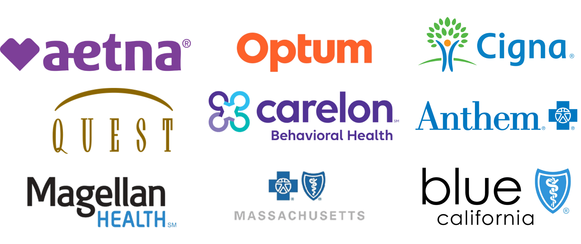 Logos of pharmaceutical and healthcare companies including Aetna, Optum, Cigna, CareFirst, Anthem, Magellan, and Health First.
