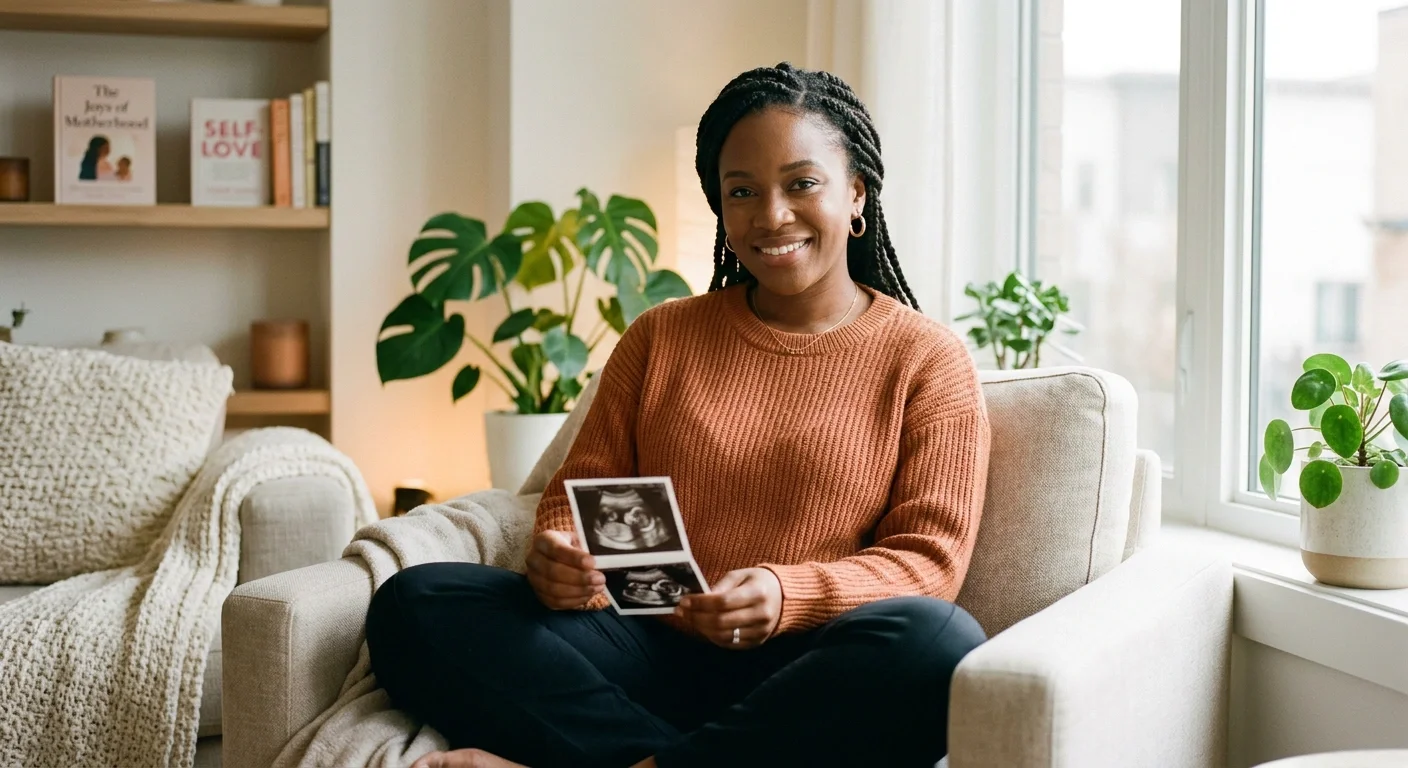 Black woman holding ultrasound photos at home, representing choosing solo parenthood through IVF, adoption, or independent motherhood