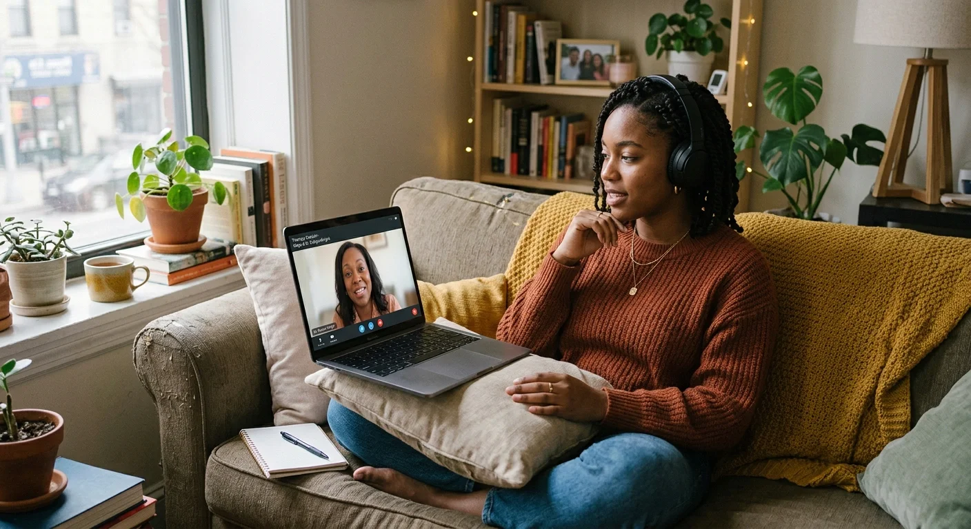 Black young adult in virtual therapy session at home feeling comfortable, supported, and open to sharing