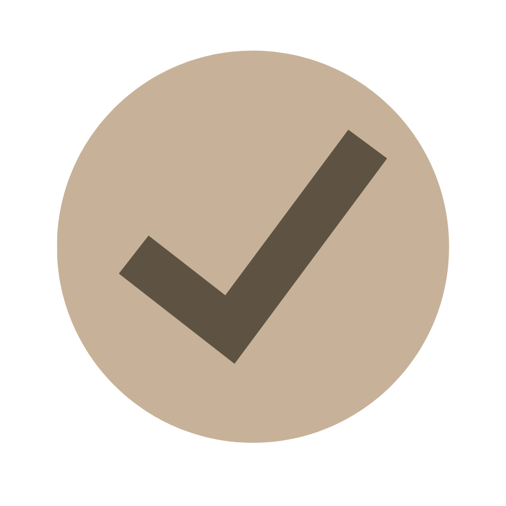 A beige circular background with a large black checkmark in the center.