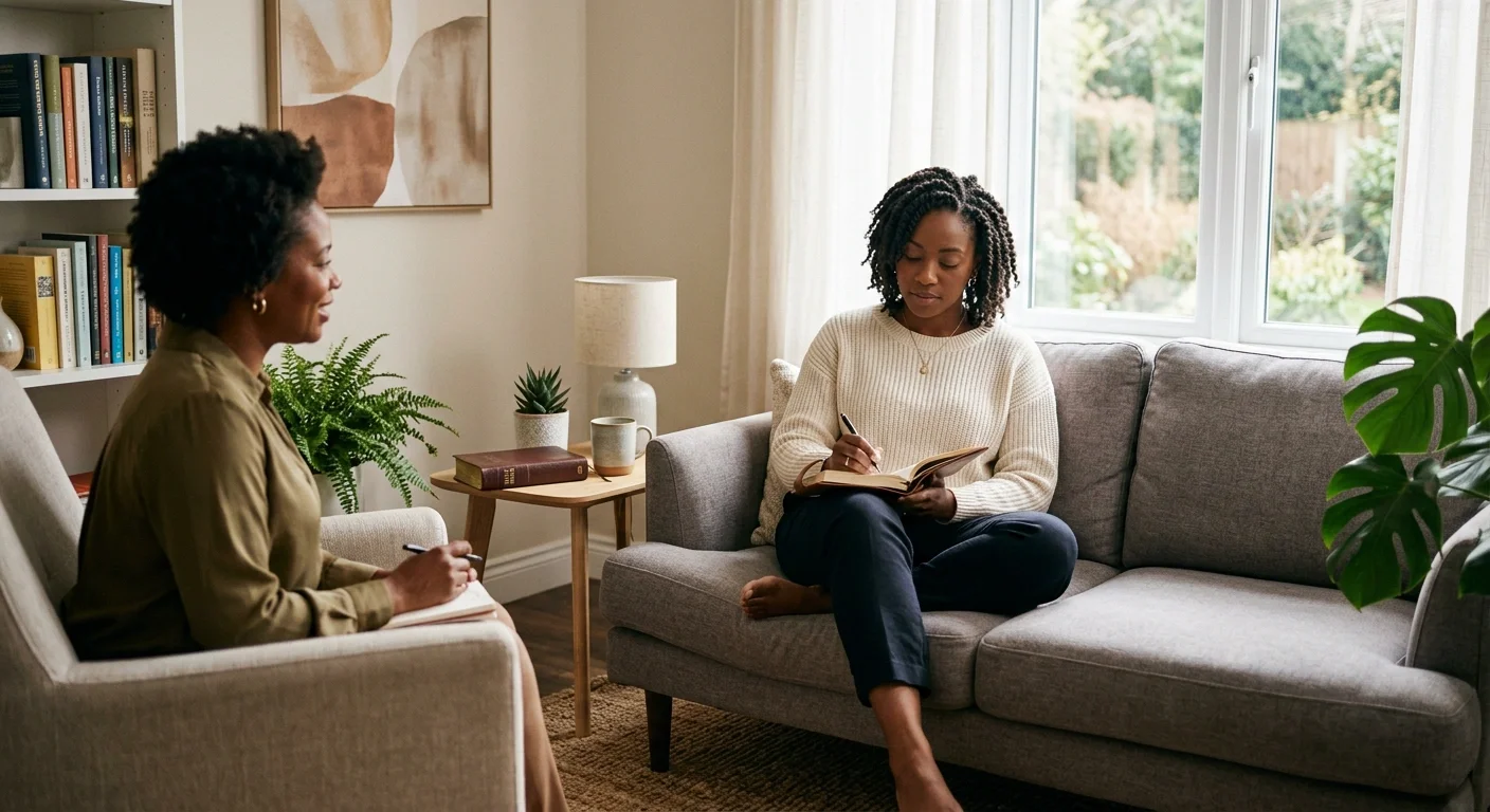 Black woman reflecting during therapy with a journal and Bible nearby in a calm, supportive setting