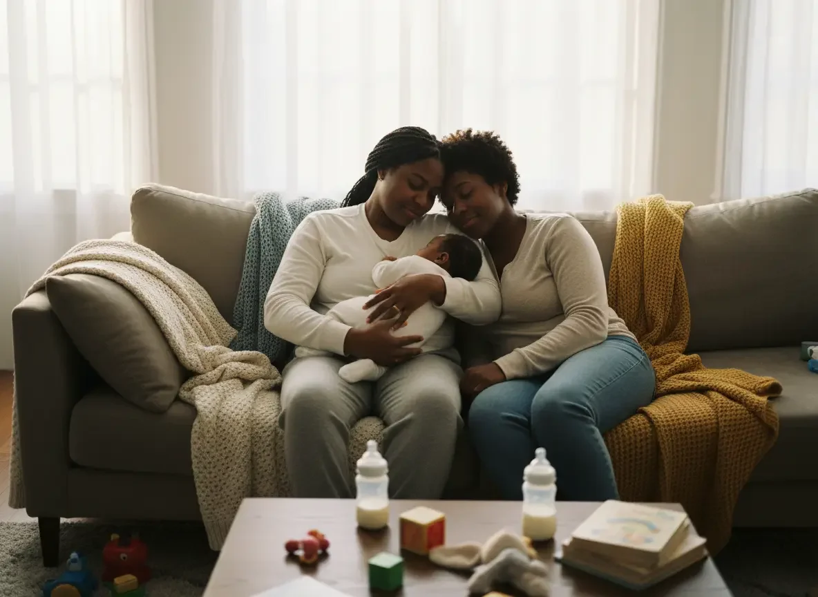 Two women holding a newborn baby on a sofa in a bright living room.