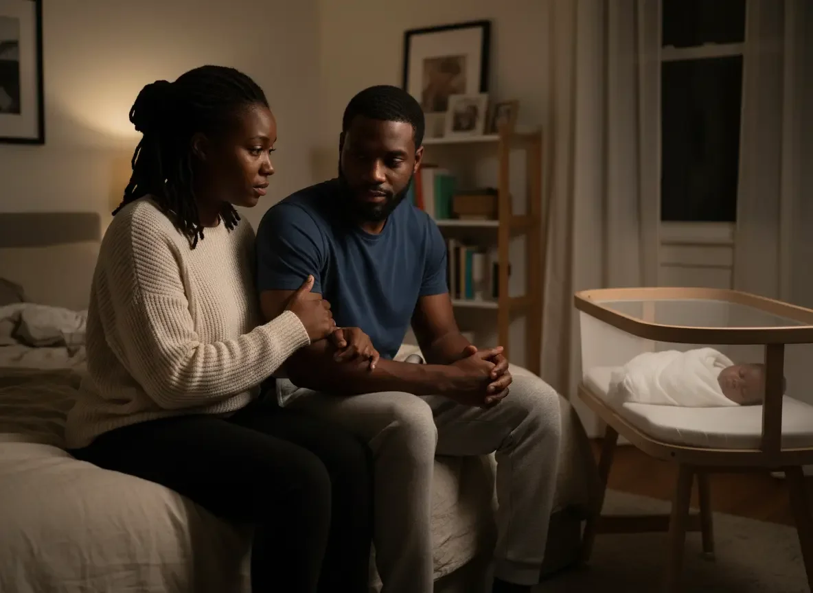 A couple sitting on a bed, looking at a newborn baby in a bassinet in a cozy, warmly lit bedroom.