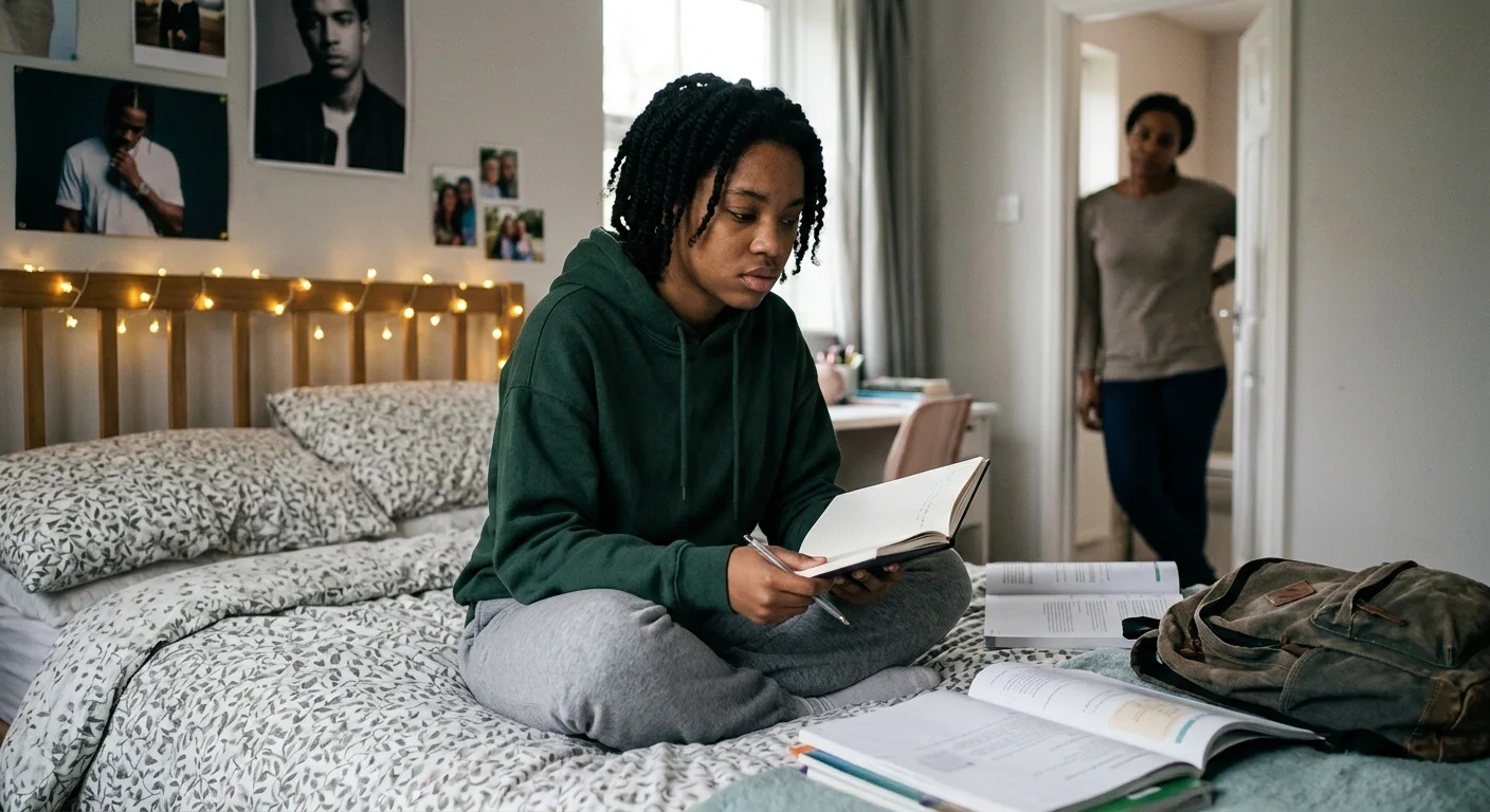 Black teenage girl sitting on bed looking overwhelmed while navigating school, identity, and family changes during adolescence