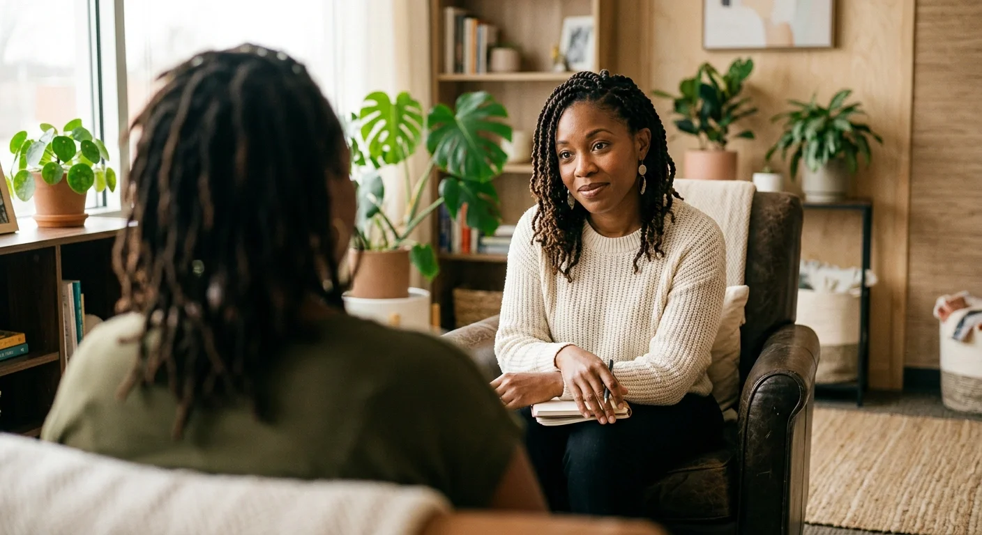 Black woman in individual therapy discussing personal challenges with a supportive therapist in a calm counseling space.