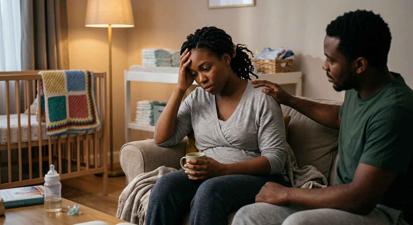 Black mother experiencing postpartum depression and anxiety in a quiet setting with baby items nearby