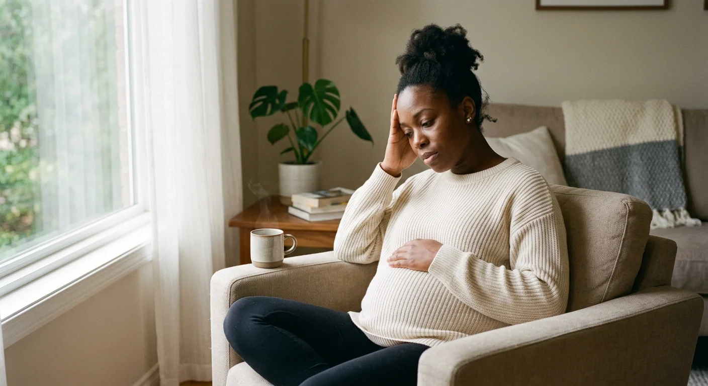 Black woman experiencing pregnancy or postpartum stress sitting in a calm space and reflecting on emotional changes