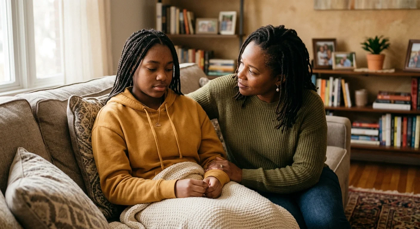 Black teen talking with parent at home in supportive therapy-like conversation building trust and communication