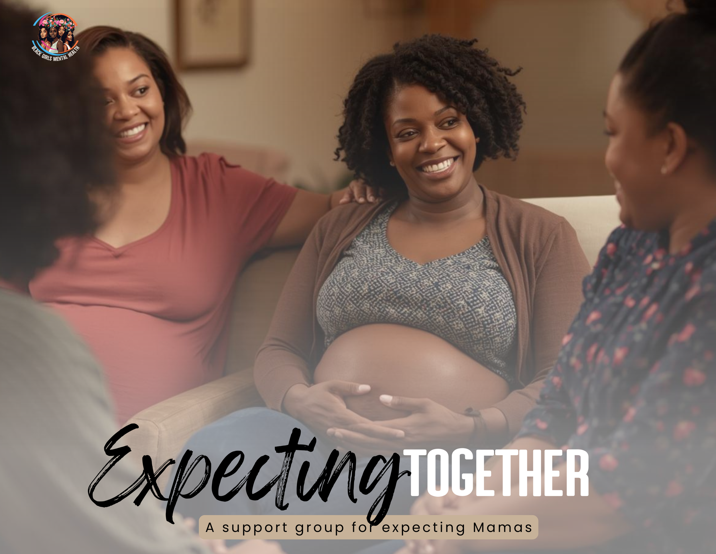 Close-up of a pregnant woman making a heart shape with her hands on her belly. Text overlay reads 'Expecting Together' and 'A support group for expecting mamas.'