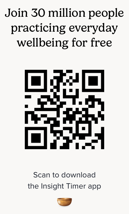 Text promoting wellbeing practice with a QR code to download the Insight Timer app, and a small bowl image at the bottom.