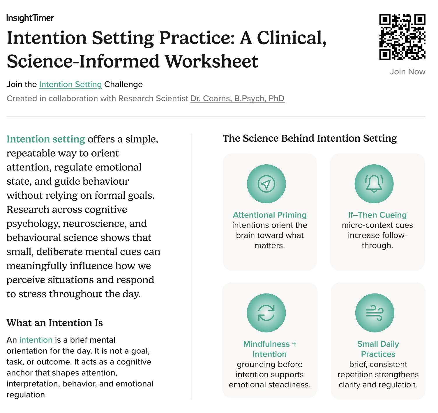 A worksheet titled "Intention Setting Practice: A Clinical, Science-Informed Worksheet" with sections explaining intention setting and its scientific basis. It includes four icons with descriptions: a paper airplane for "Attentional Priming," a bell for "If-Then Cueing," a circular arrow for "Mindfulness + Intent," and a wind symbol for "Small Daily Practices." A QR code and a "Join Now" prompt are also present.