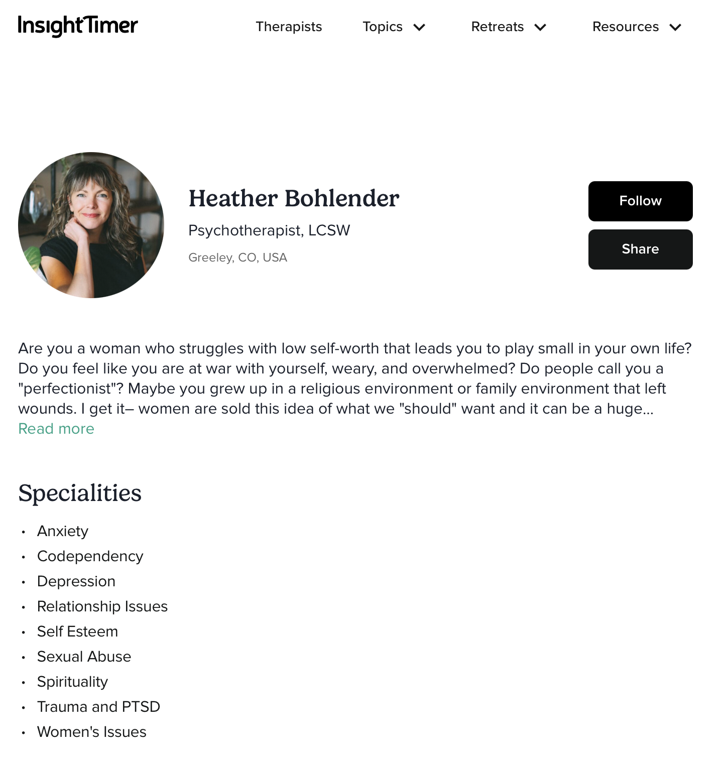 Profile page of Heather Bohlender, psychotherapist in Greeley, Colorado, showing her photo, name, title, location, and list of specializations including anxiety, depression, relationship issues, and trauma, with options to follow or share.