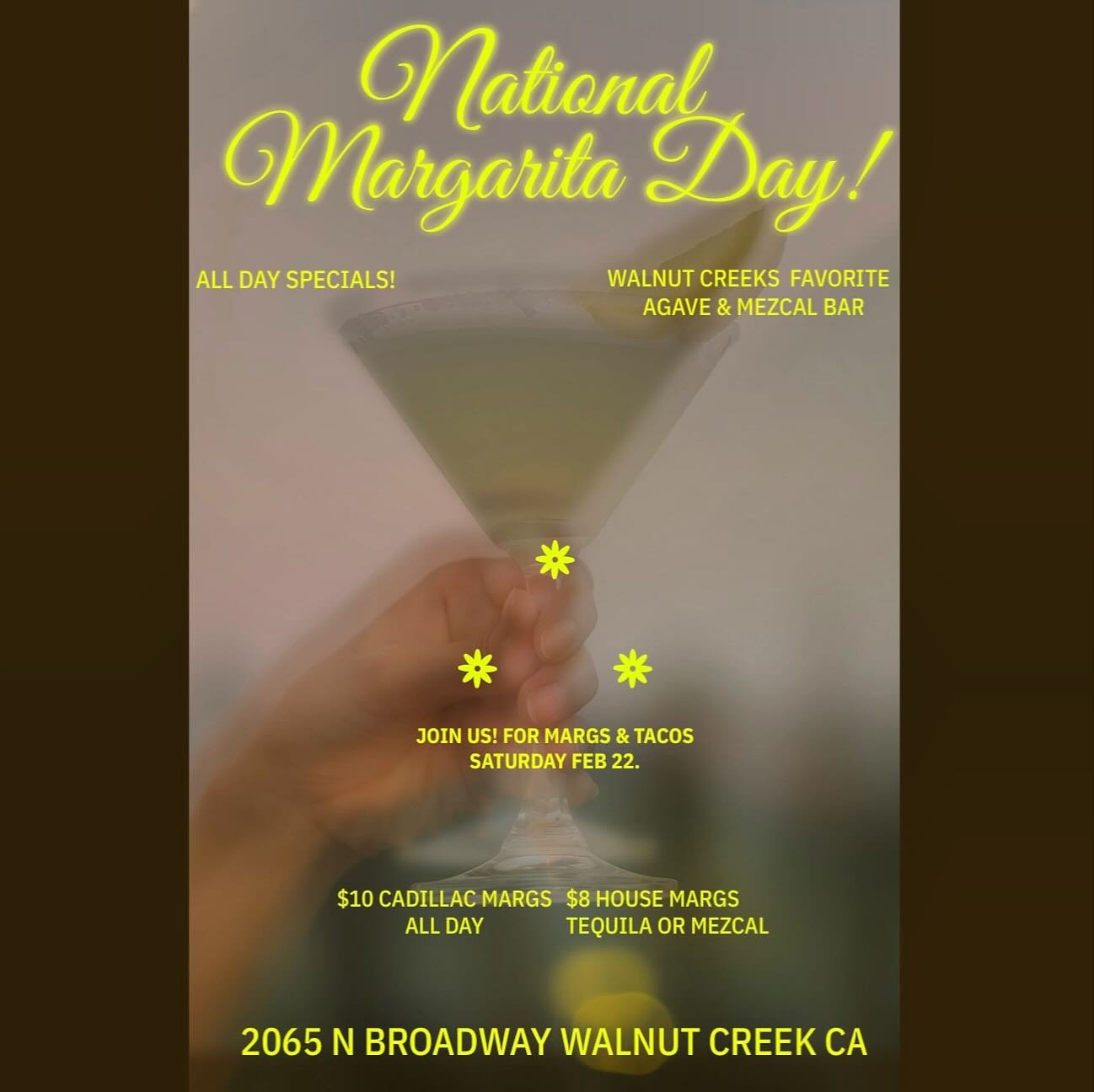 Shaken, stirred, or straight from the bottle, however you like it, we&rsquo;re pouring big for National Margarita Day! 🍹🔥 Join us for top-shelf margs, good vibes, and a damn good time. Feb 22&mdash;Don&rsquo;t miss it! #MargaritaMagic #NationalMarg