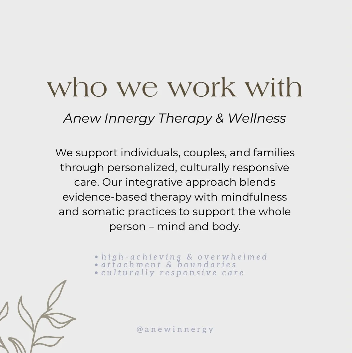 High standards, full schedules, and so much to do. We offer a space to land, learn to communicate your needs, and piece things back together - with room to feel refreshed and supported. Inquiries email hello@anewinnergy.com