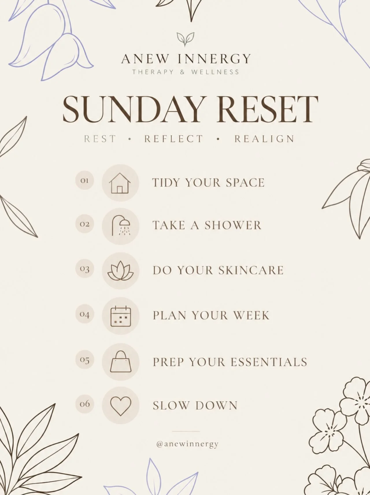a little sunday reset before the week starts 🤎

each of these items are moments for you to return to yourself, reset + gain clarity. recognize what might allow yourself to feel lighter, think more clearly, and plan for the days ahead.

take what you