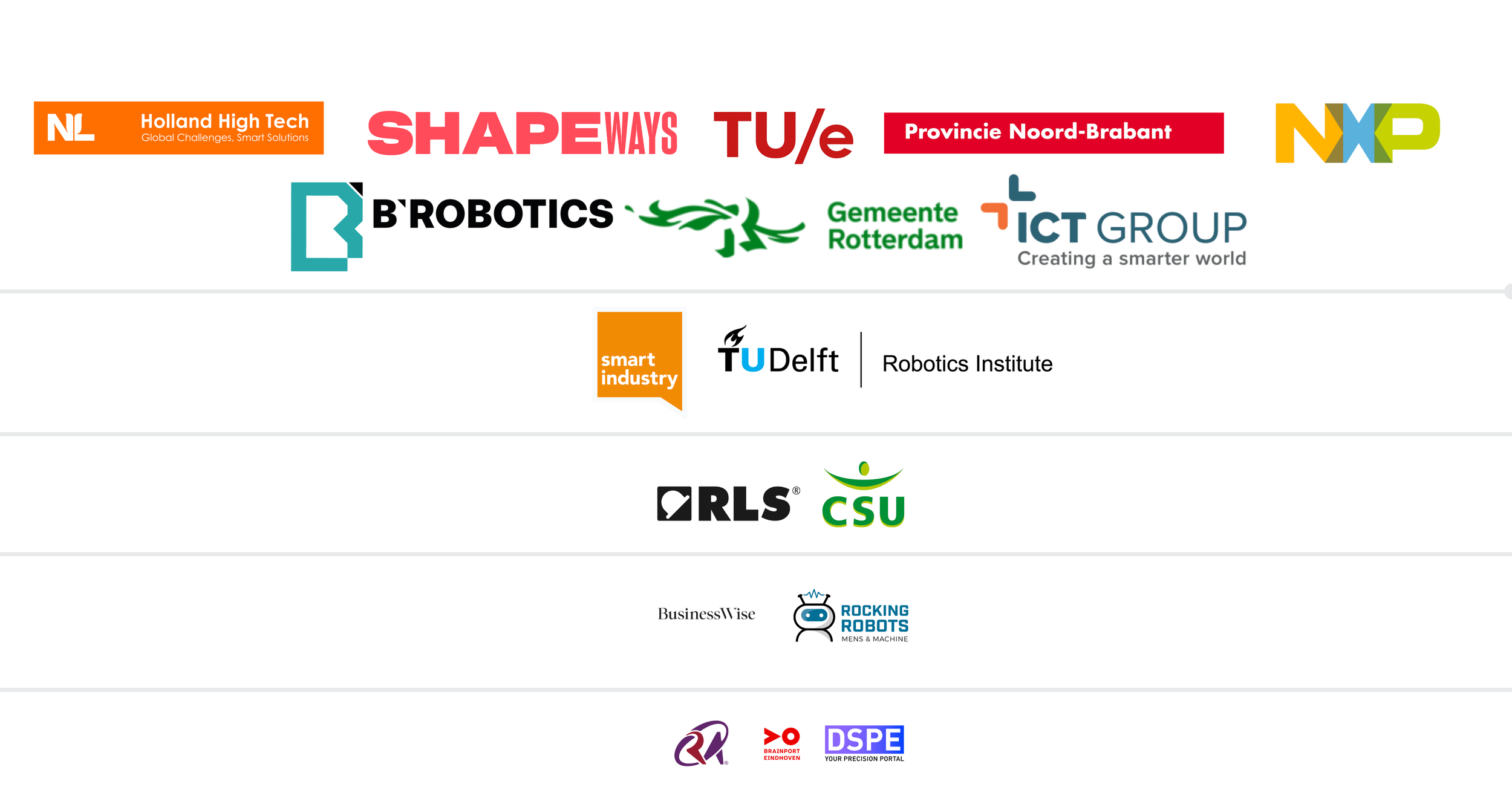 Logo's van de partners van Future Pulse: Holland High Tech, SHAPEWAYS, TU/e, Provincie Noord-Brabant, NXP, B'ROBOTICS, Gemeente Rotterdam, ICT GROUP, Smart Industry, TU Delft, RLS, CSU, BusinessWise, ROCKING ROBOTS, Brainport Eindhoven, en DSPE.