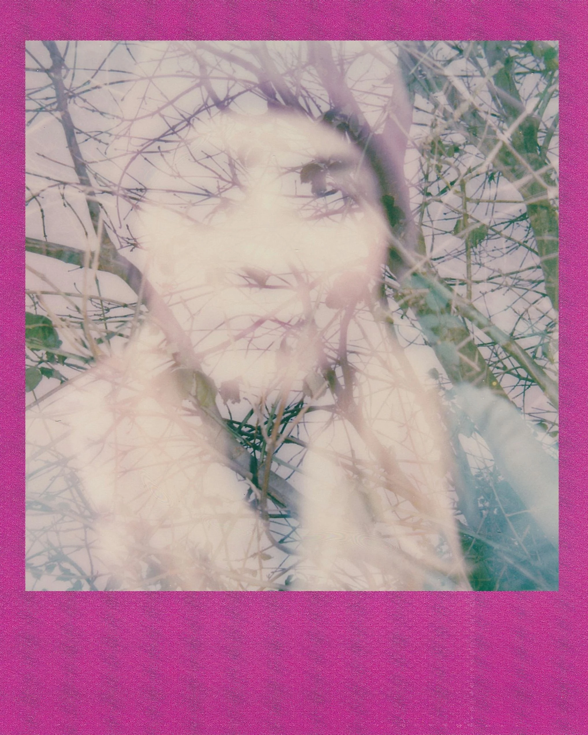 Polaroid of a woman layered with branches in soft focus, part of an anonymised ED recovery quote series about daily support.