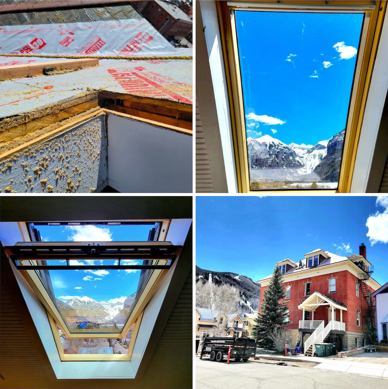 Progression of Velux roof window installation on Miners Union Hall in Town of Telluride