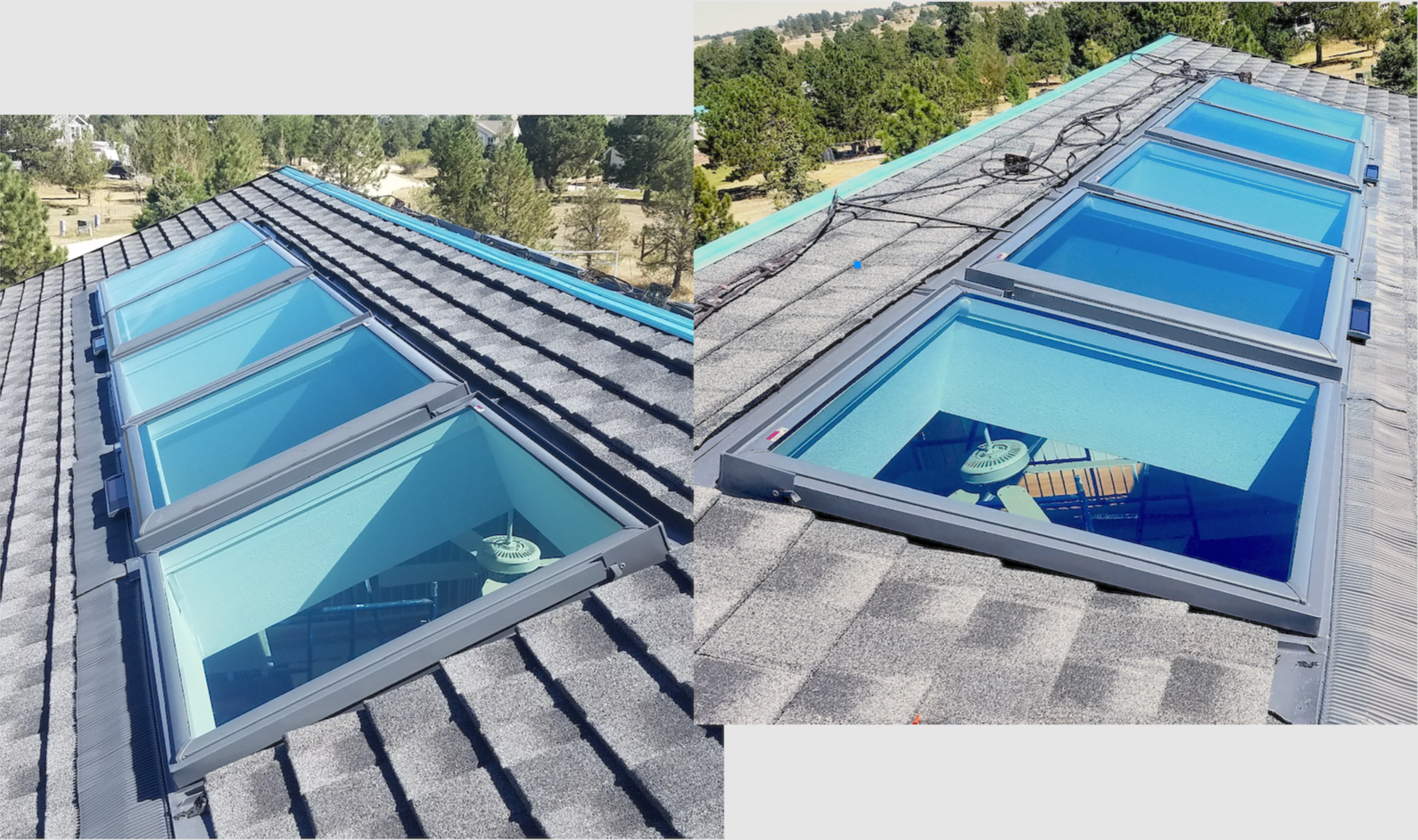 Velux Fixed and Solar-Powered Ventilating Skylights on a Stone-Coated Steel Roof