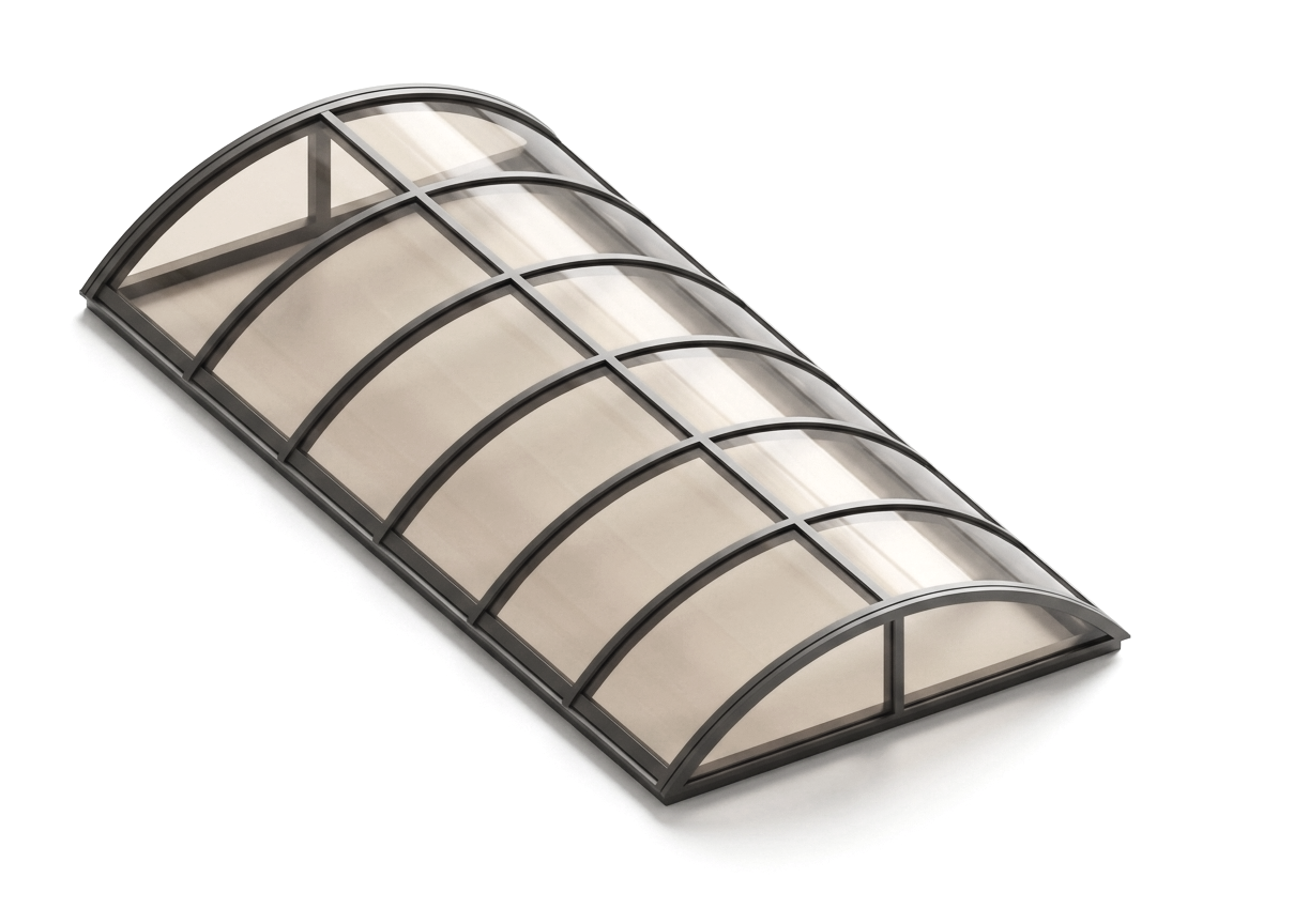 A black and transparent curved greenhouse or skylight roof structure with multiple sections.