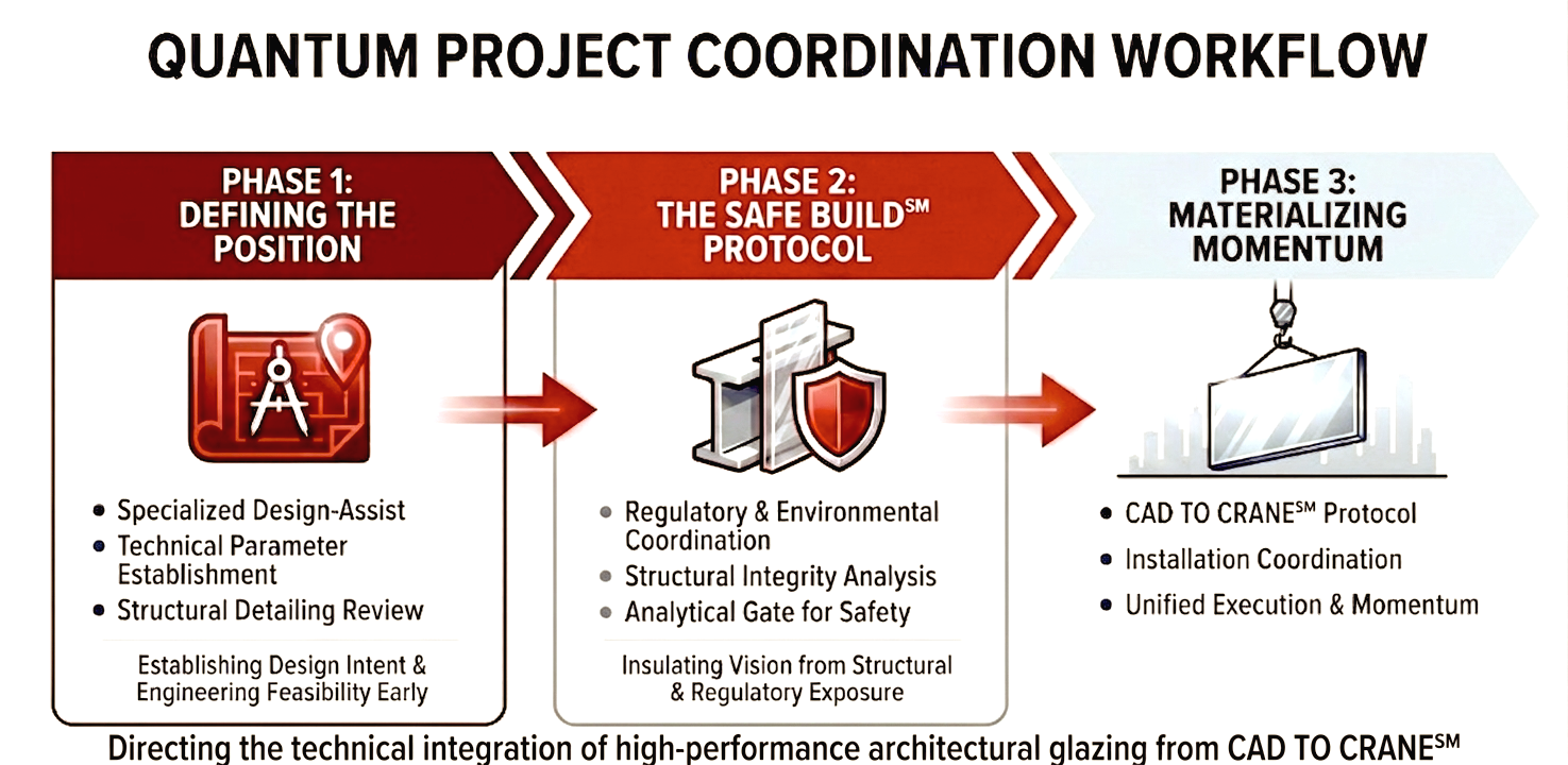 Flowchart of Quantum Project Coordination Workflow with three phases: 1. Defining the position, featuring a specialized design icon, establishing design intent and feasibility; 2. The safe build protocol, involving regulatory coordination, structural analysis, safety gate, and insulation; 3. Materializing momentum with CAD to crane protocol, installation coordination, and unified execution.