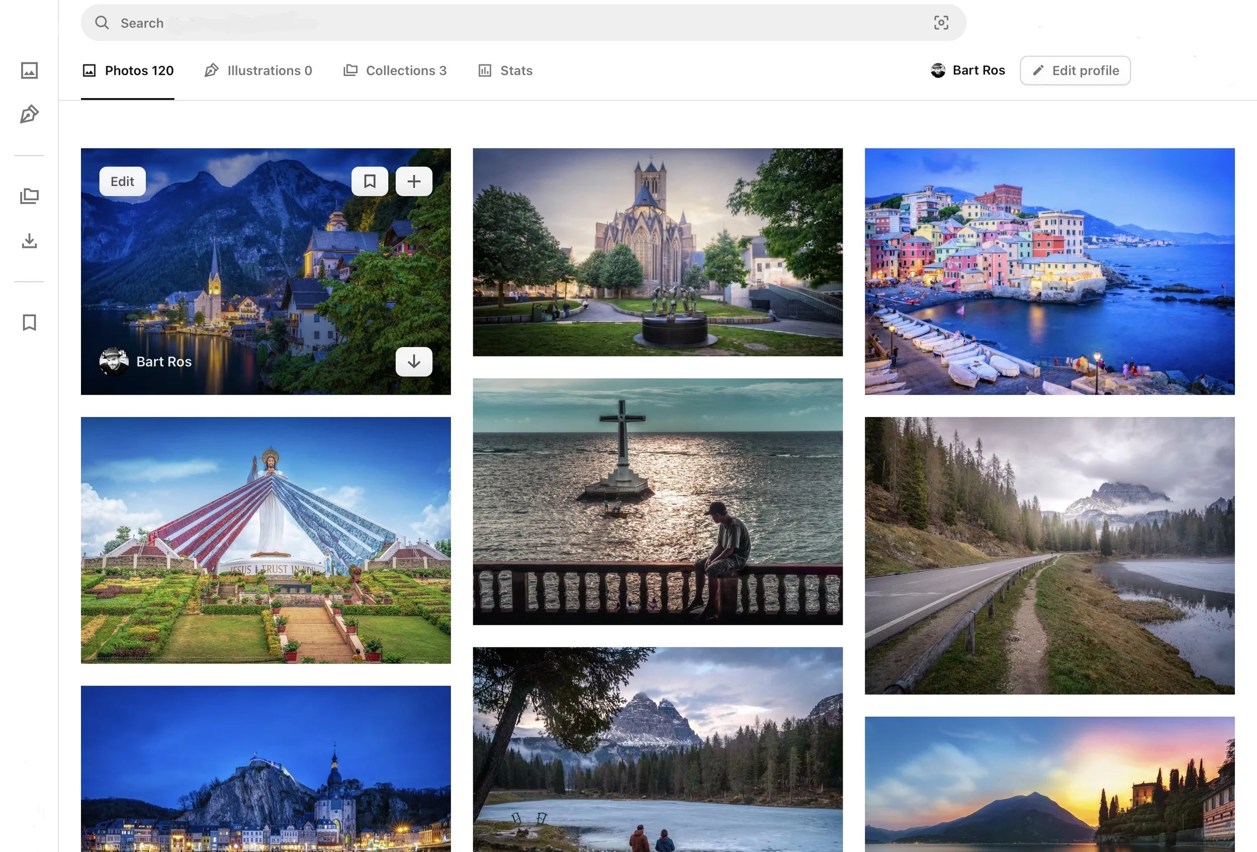 Sitemap met foto's van landschappen en stedelijke gebieden, waaronder bergen, een kerk, een haven, een standbeeld, een rivier, een bos en een zonsondergang.