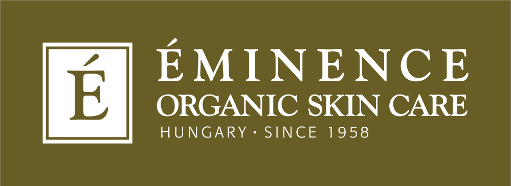 Logo for Éminence Organic Skin Care, based in Hungary since 1958, with a stylized 'E' in a square on the left and the brand name and description on an olive-green background.