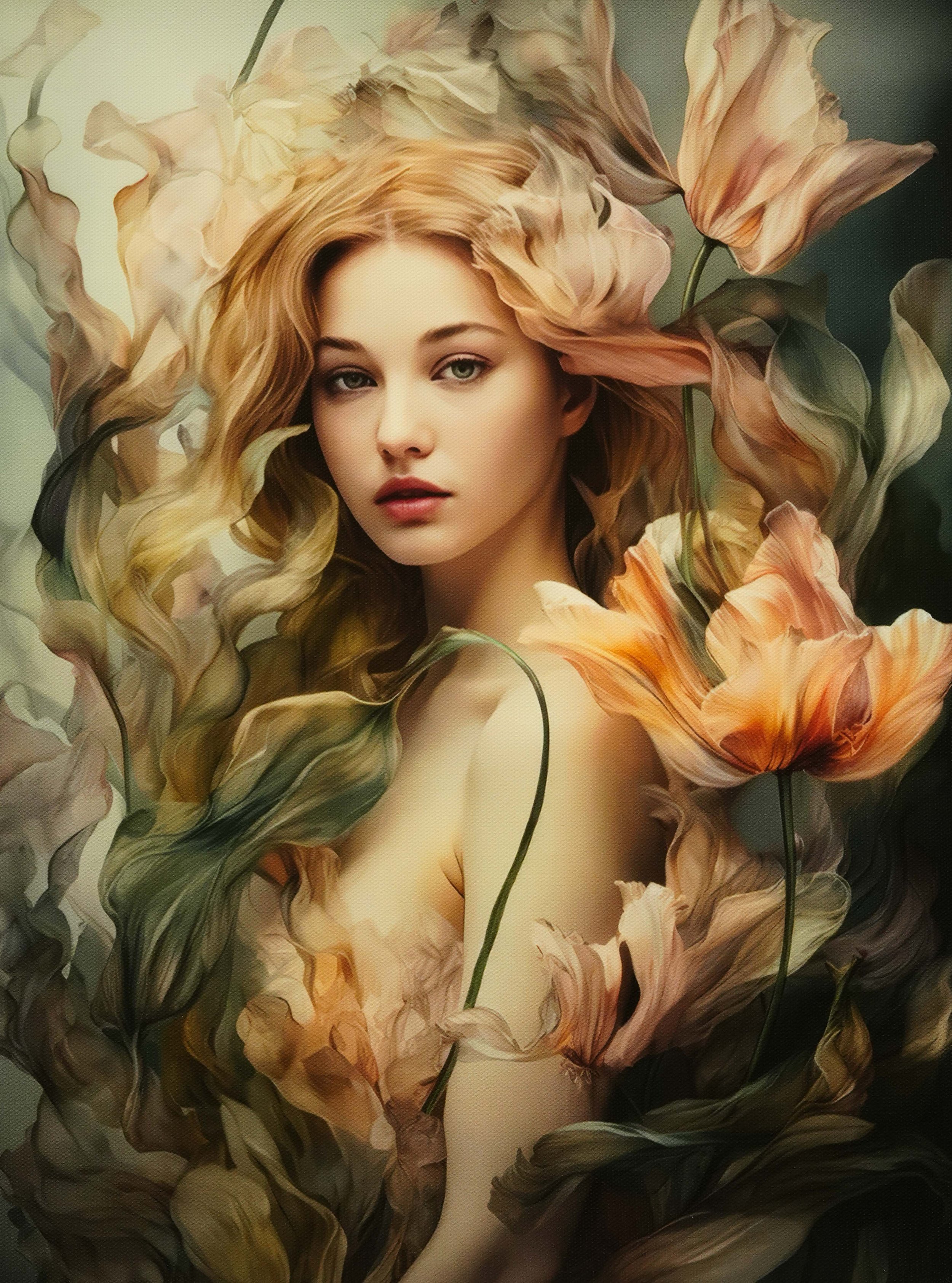 Beautiful Woman Surrounded By Flowers 12 X 16