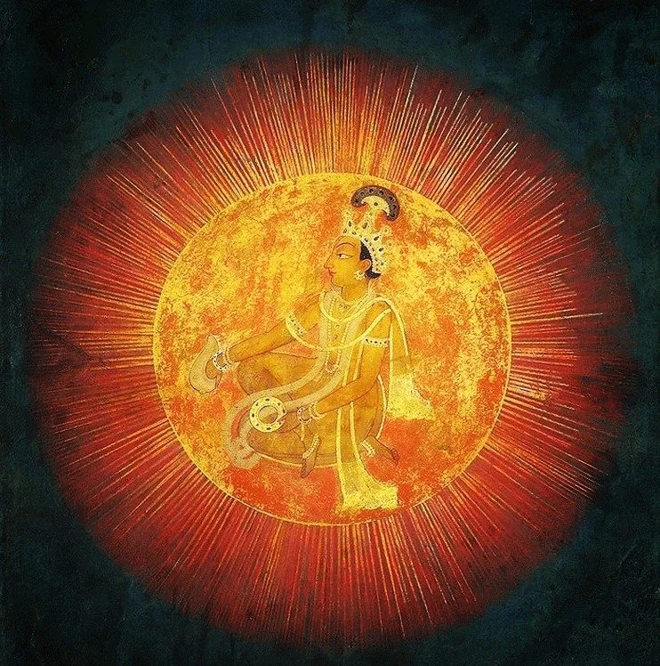 A traditional Indian painting of a kneeling Hindu deity, adorned with jewelry and clothing, surrounded by a radiant, glowing halo with orange and yellow rays.