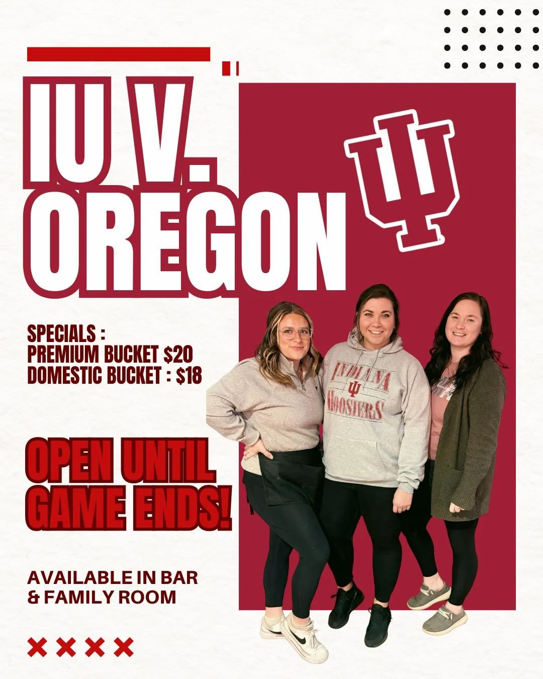 Come sip on an IU Mule &amp; hangout with Logan, Nic &amp; Kristen for the IU V. OREGON game (available in the bar &amp; dining room) 🏈&hearts;️⚡️