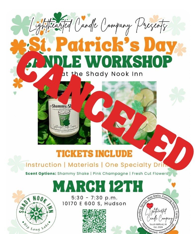 ‼️Important Announcement‼️

Unfortunately we do not have enough people this time to host the candle workshop so we have to cancel the class on March 12th. We will reschedule with Light Hearted Candle Company on another date later in the fall. Thank y