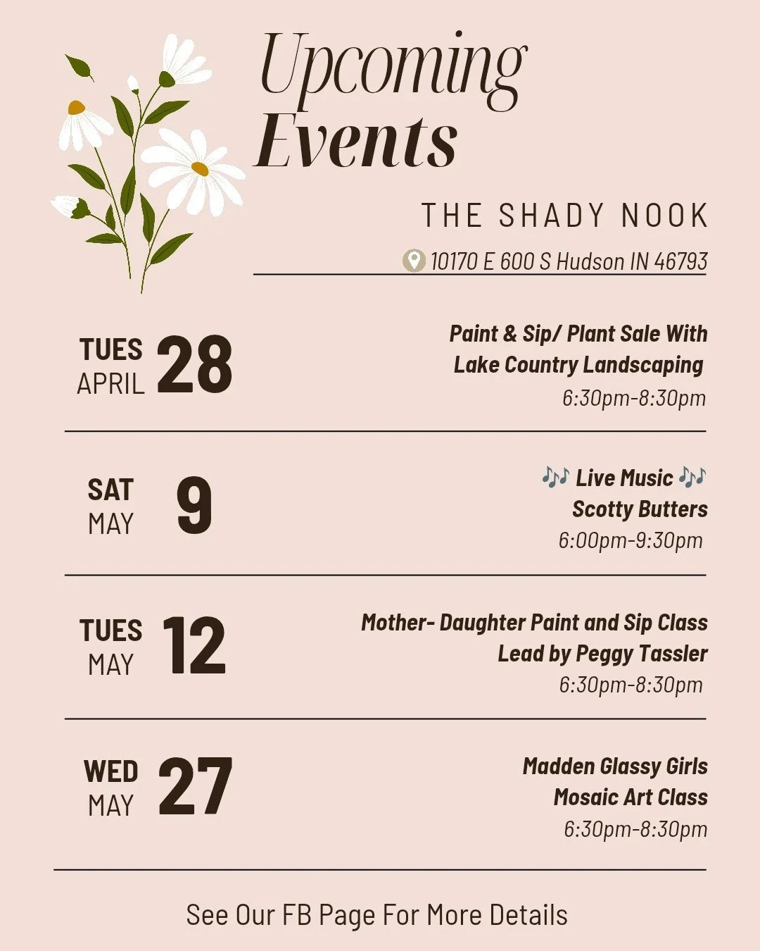 Check out our upcoming events! 
Like and follow our page for more details as our events get closer, or stop in and talk to any of our awesome staff. 😎 
Don't miss out on all the excitement that happens at The Shady Nook as we prepare for warmer weat