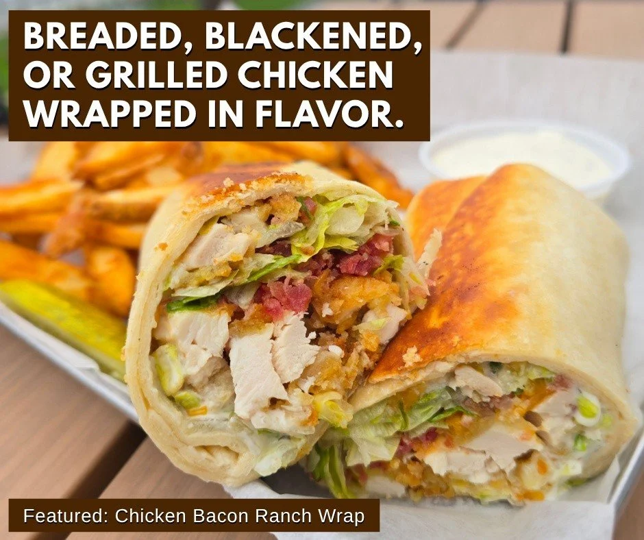 Have you tried any of our wraps?

We have our chicken, bacon, and ranch wrap or our buffalo chicken wrap. You can even make it your own with any of our delicious wing sauces. See our FB for menu options. 
Open: Tues-Thurs 5pm-9pm, Kitchen Closes 8:30