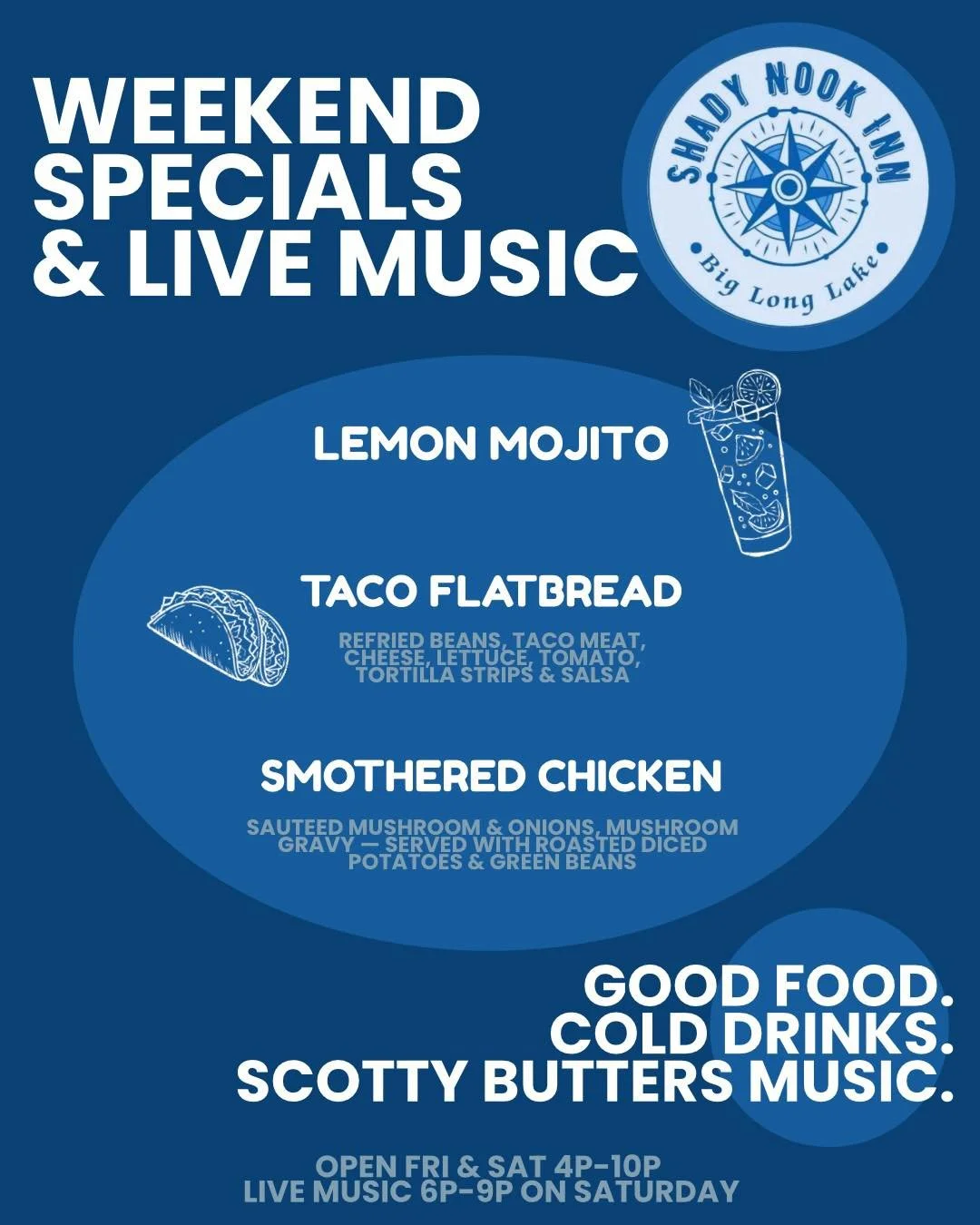 GOOD FOOD. COLD DRINKS. SCOTTY BUTTERS MUSIC. We have your weekend plans covered 🎶🍻🍴 Tag a friend your bringing to eat &amp; listen to live music with on Saturday ⚓️⏬

CARRYOUT : 260-351-2401 ☎️
OPEN FRIDAY &amp; SATURDAY 4P-10P 
KITCHEN CLOSES 9: